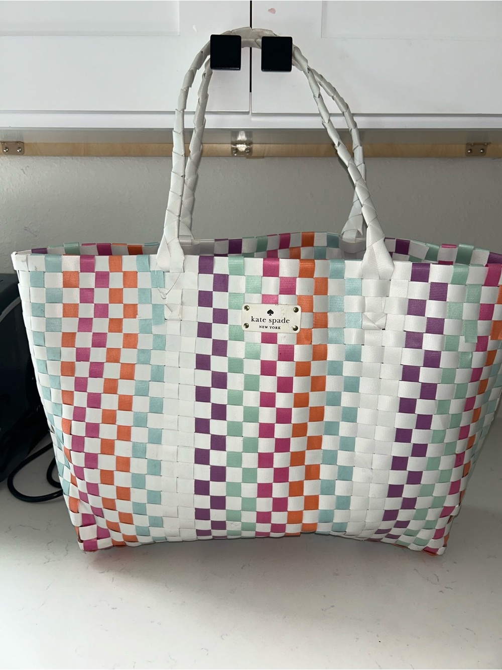 kate spade White Multicolor Woven Check Tote